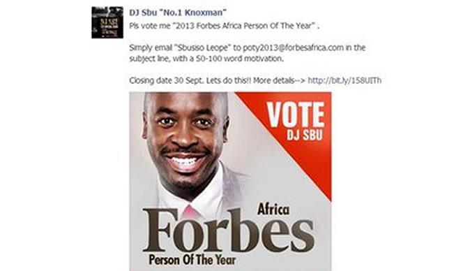 DJ Sbu up for Forbes Africa Person of the Year title